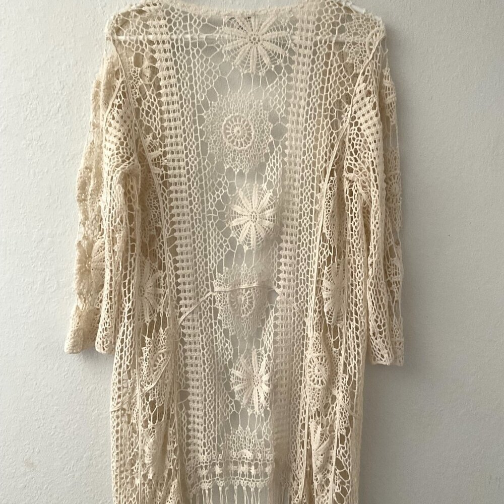 CATO CROCHET FLORAL  LACE FRINGE BOHO OPEN FRONT CARDIGAN - Picture 5 of 16